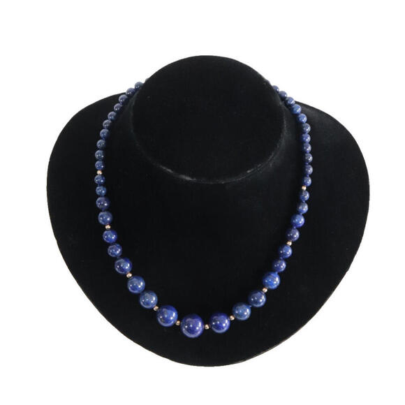Vintage Lapis Lazuli Bead Necklace 14K Gold Screw Barrel Clasp Blue Gemstone - Picture 6 of 10